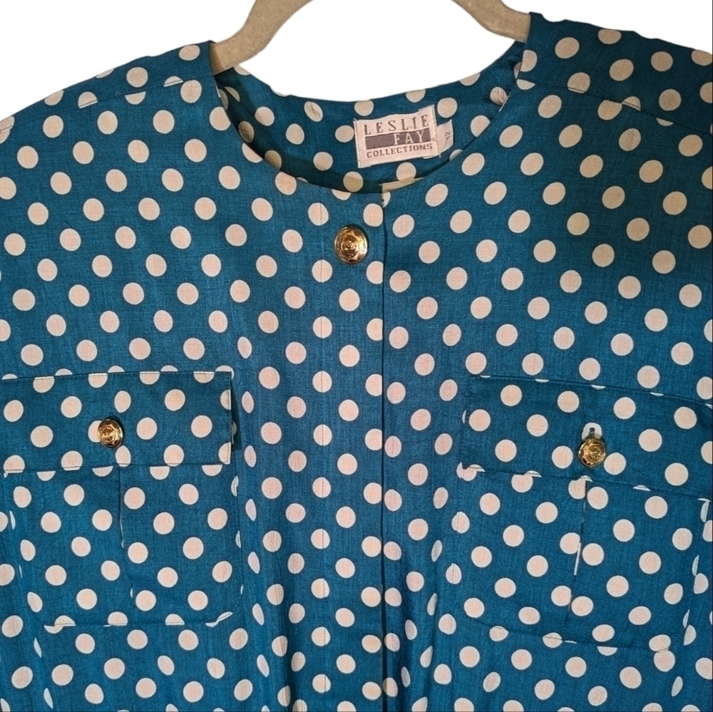 Vintage 80s Leslie Fay Teal White Polka Dot Midi Dress Drawstring 12 - Picture 9 of 12